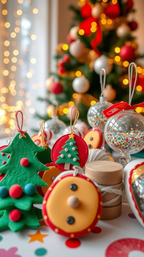 Colorful homemade Christmas ornaments on a festive table with a decorated tree in the background.
